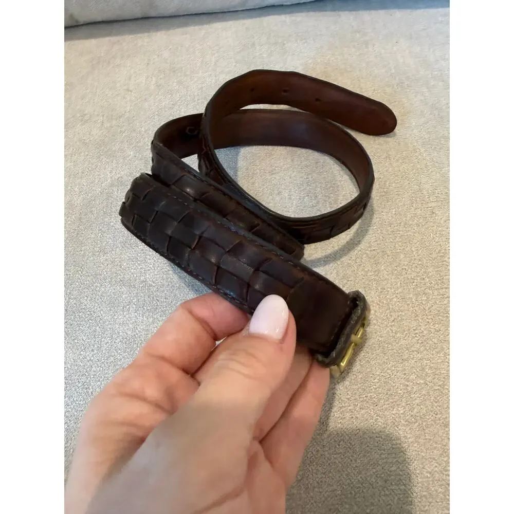 VTG Genuine Leather Belt Men‎ Brown Woven Braided Solid Brass Buckle Size 38
